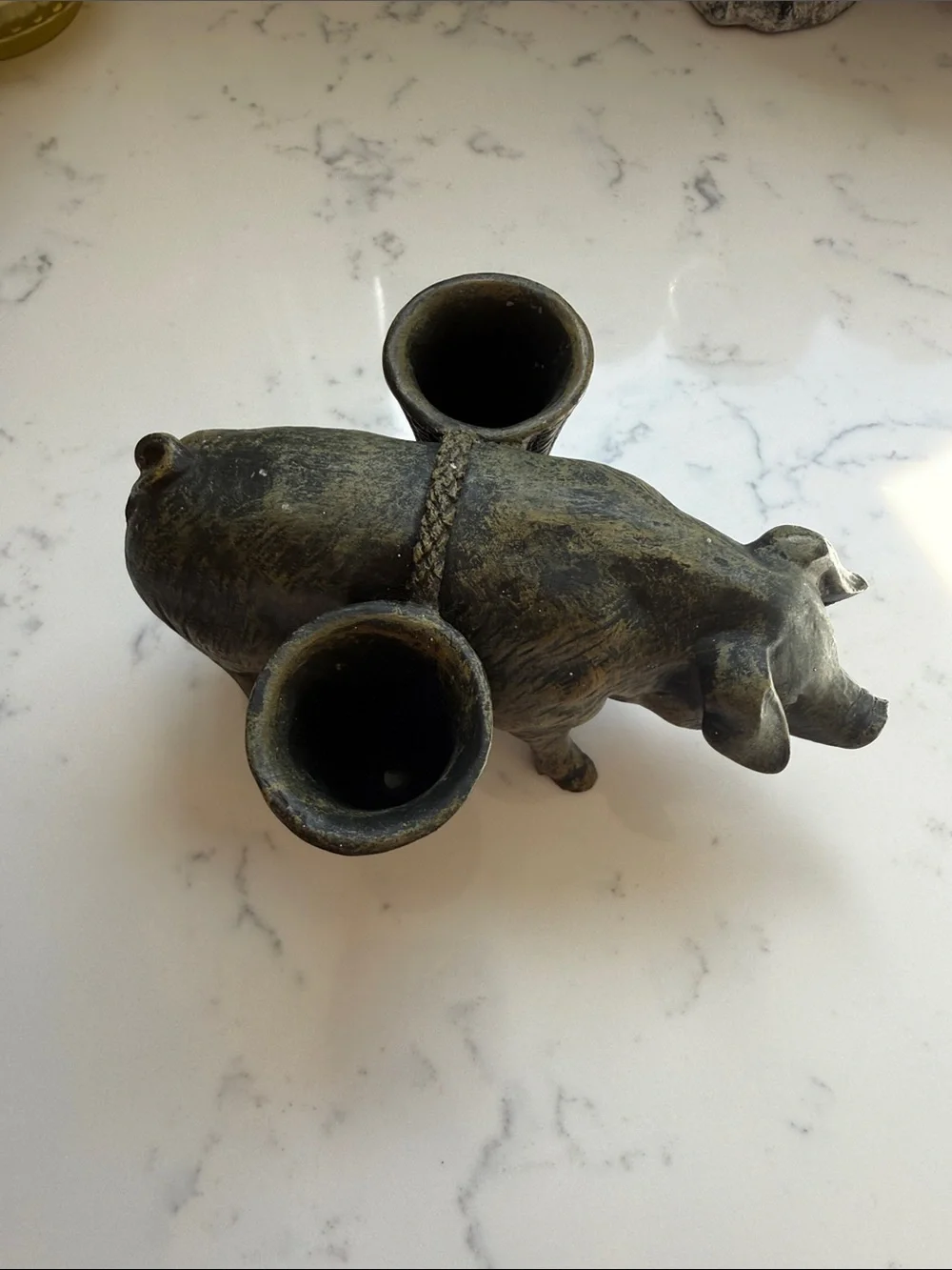 French Style Bronze/Black Pig with Woven Basket Accent